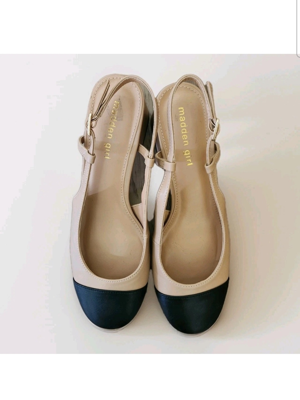 Madden Girl Kiitty Slingback Block Heel Pumps Beige Black Cap Toe Women 9.5 M - Picture 6 of 16